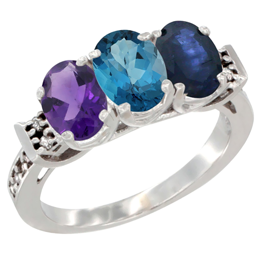 14K White Gold Natural Amethyst, London Blue Topaz & Blue Sapphire Ring 3-Stone 7x5 mm Oval Diamond Accent, sizes 5 - 10