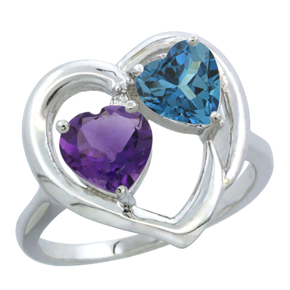14K White Gold Diamond Two-stone Heart Ring 6mm Natural Amethyst & London Blue Topaz, sizes 5-10