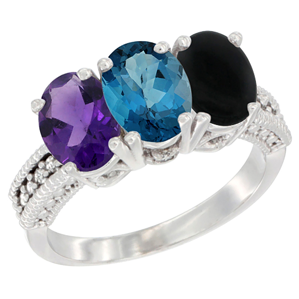 10K White Gold Natural Amethyst, London Blue Topaz &amp; Black Onyx Ring 3-Stone Oval 7x5 mm Diamond Accent, sizes 5 - 10