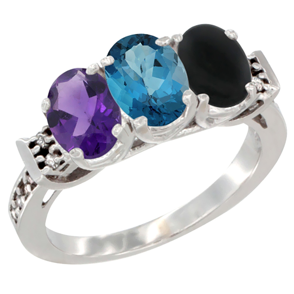 14K White Gold Natural Amethyst, London Blue Topaz &amp; Black Onyx Ring 3-Stone 7x5 mm Oval Diamond Accent, sizes 5 - 10