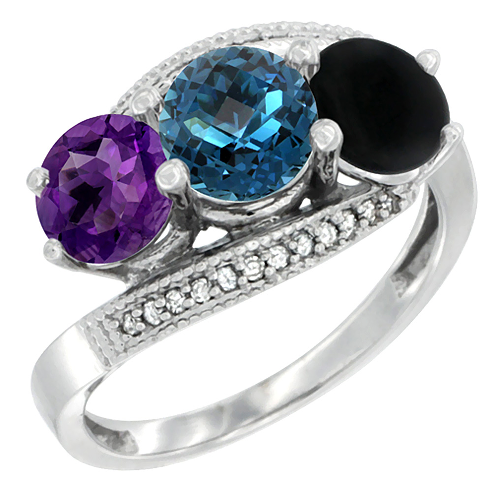 14K White Gold Natural Amethyst, London Blue Topaz & Black Onyx 3 stone Ring Round 6mm Diamond Accent, sizes 5 - 10