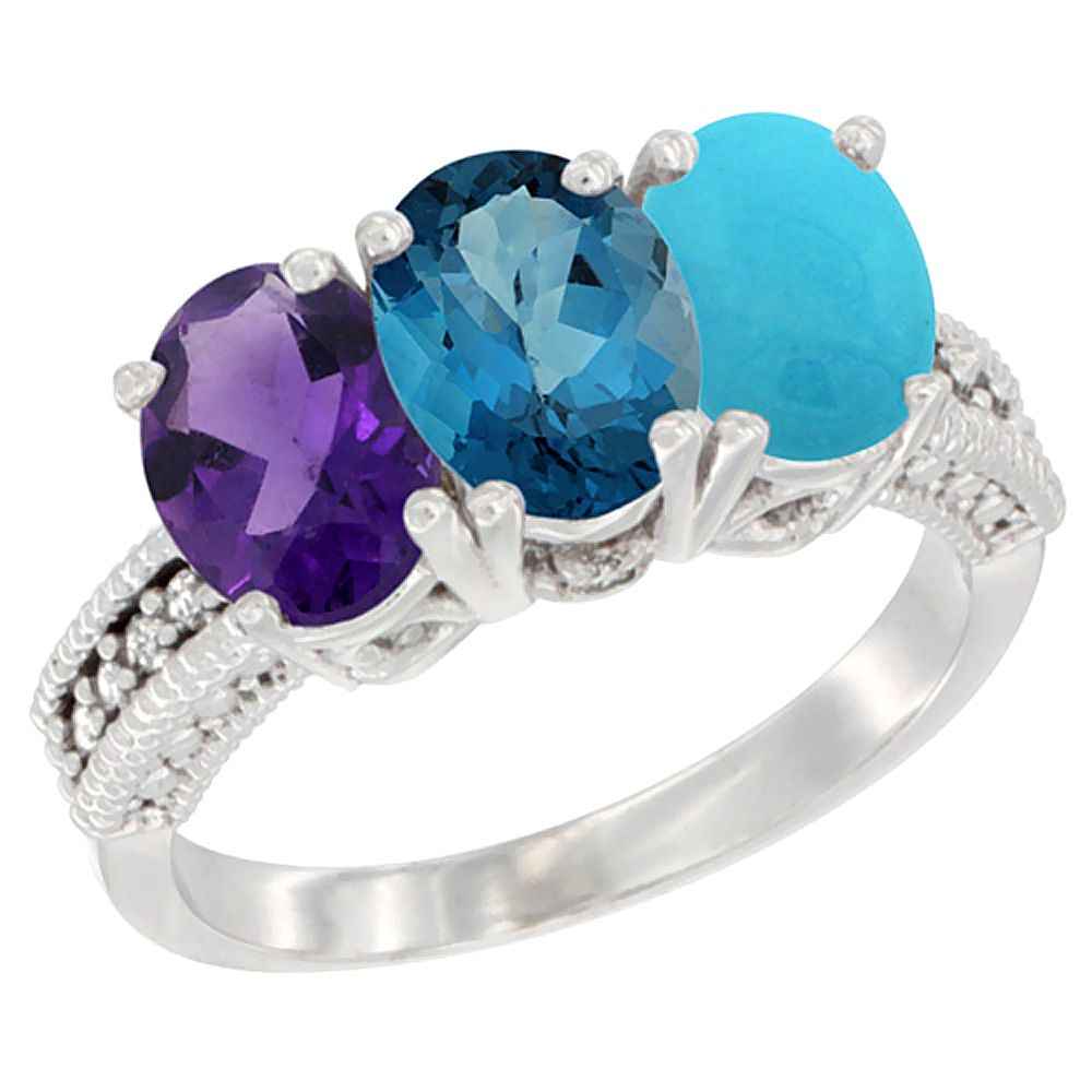 14K White Gold Natural Amethyst, London Blue Topaz &amp; Turquoise Ring 3-Stone 7x5 mm Oval Diamond Accent, sizes 5 - 10
