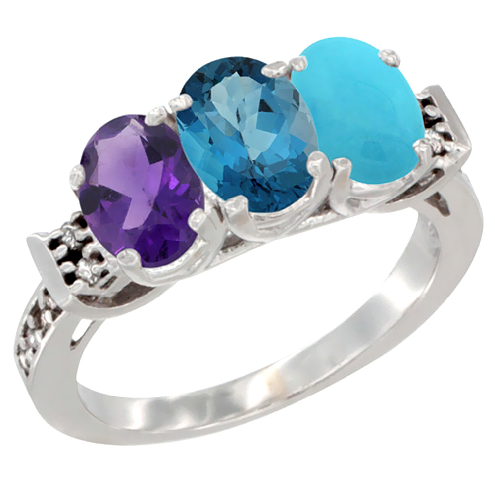 14K White Gold Natural Amethyst, London Blue Topaz &amp; Turquoise Ring 3-Stone 7x5 mm Oval Diamond Accent, sizes 5 - 10