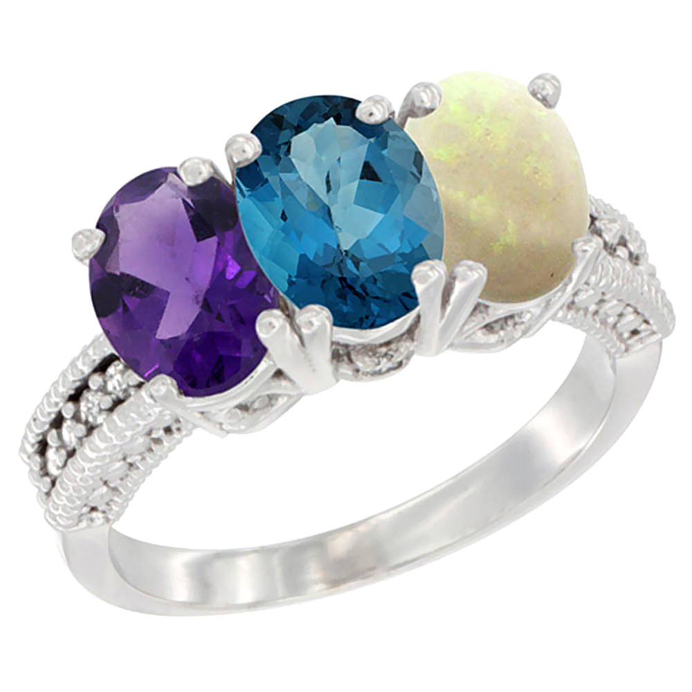 14K White Gold Natural Amethyst, London Blue Topaz &amp; Opal Ring 3-Stone 7x5 mm Oval Diamond Accent, sizes 5 - 10