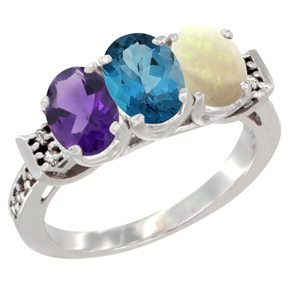 14K White Gold Natural Amethyst, London Blue Topaz &amp; Opal Ring 3-Stone 7x5 mm Oval Diamond Accent, sizes 5 - 10