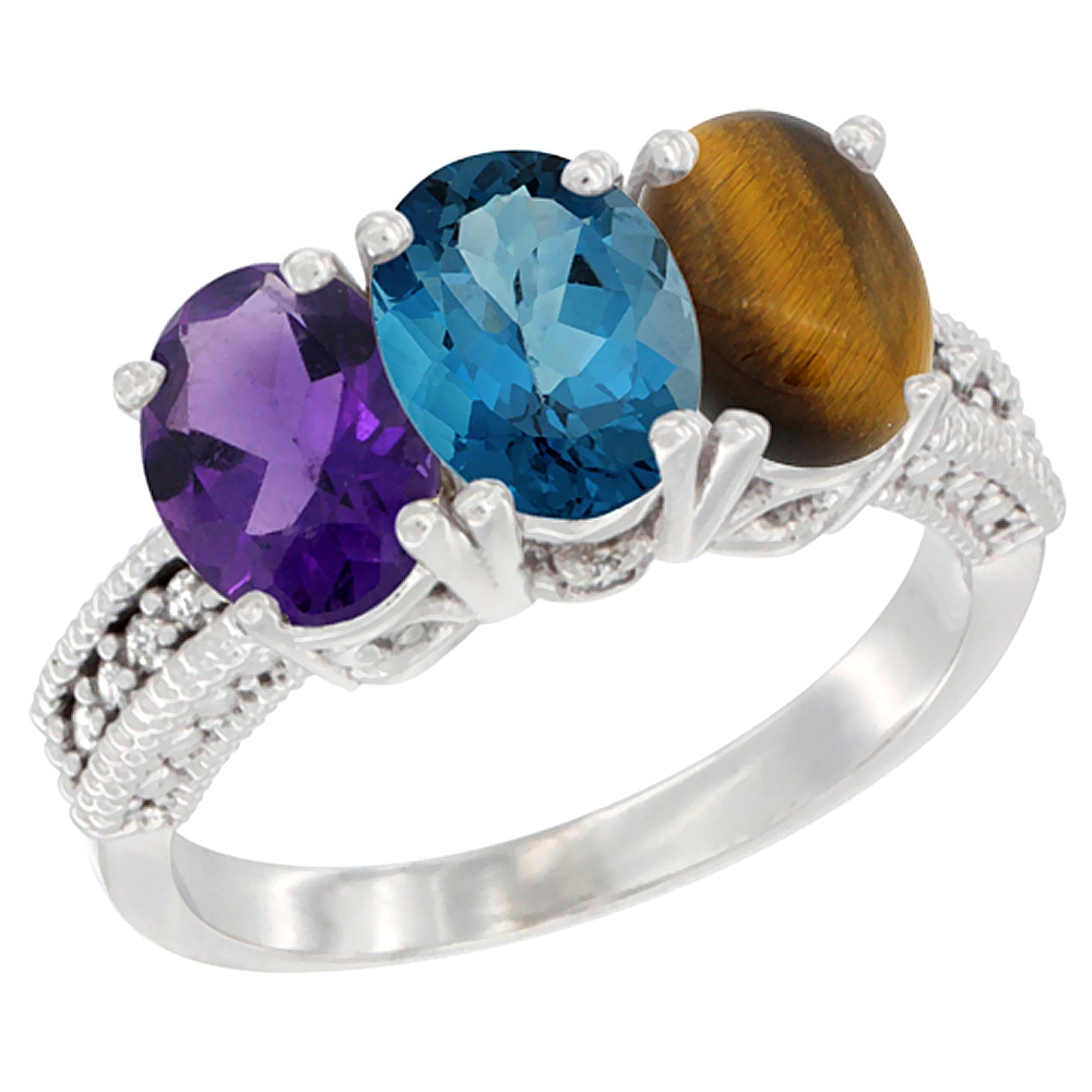 10K White Gold Natural Amethyst, London Blue Topaz & Tiger Eye Ring 3-Stone Oval 7x5 mm Diamond Accent, sizes 5 - 10