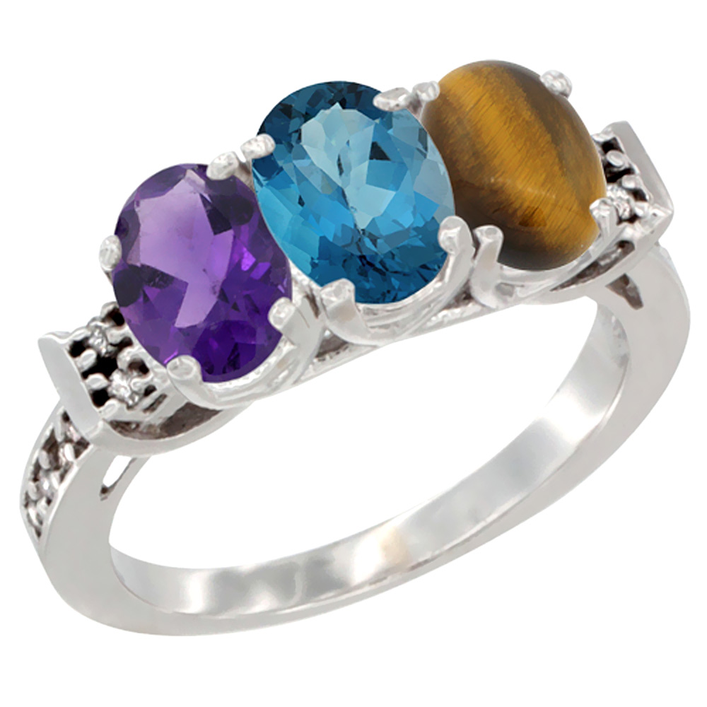 14K White Gold Natural Amethyst, London Blue Topaz &amp; Tiger Eye Ring 3-Stone 7x5 mm Oval Diamond Accent, sizes 5 - 10