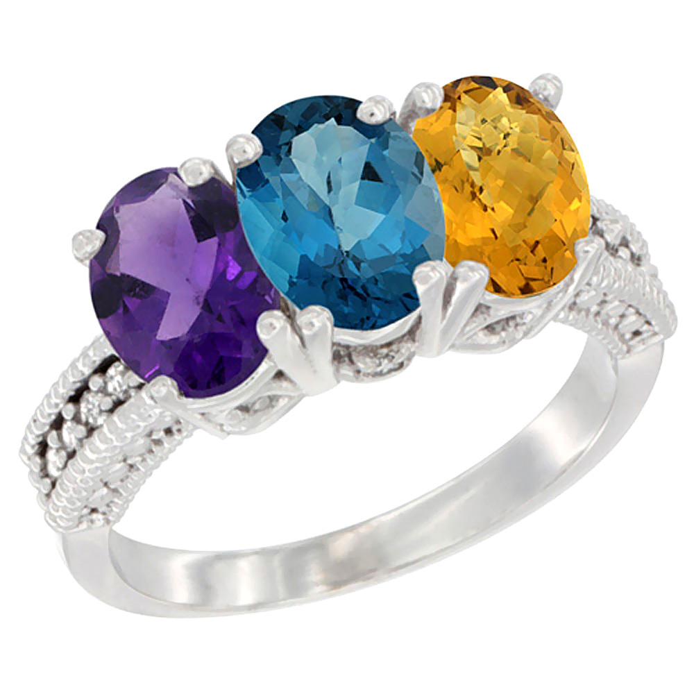 14K White Gold Natural Amethyst, London Blue Topaz & Whisky Quartz Ring 3-Stone 7x5 mm Oval Diamond Accent, sizes 5 - 10