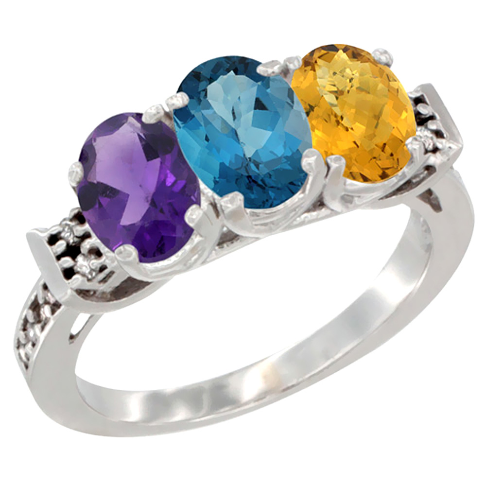 14K White Gold Natural Amethyst, London Blue Topaz & Whisky Quartz Ring 3-Stone 7x5 mm Oval Diamond Accent, sizes 5 - 10