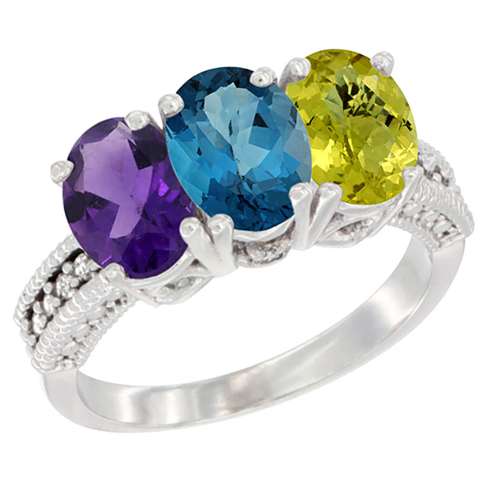 10K White Gold Natural Amethyst, London Blue Topaz & Lemon Quartz Ring 3-Stone Oval 7x5 mm Diamond Accent, sizes 5 - 10