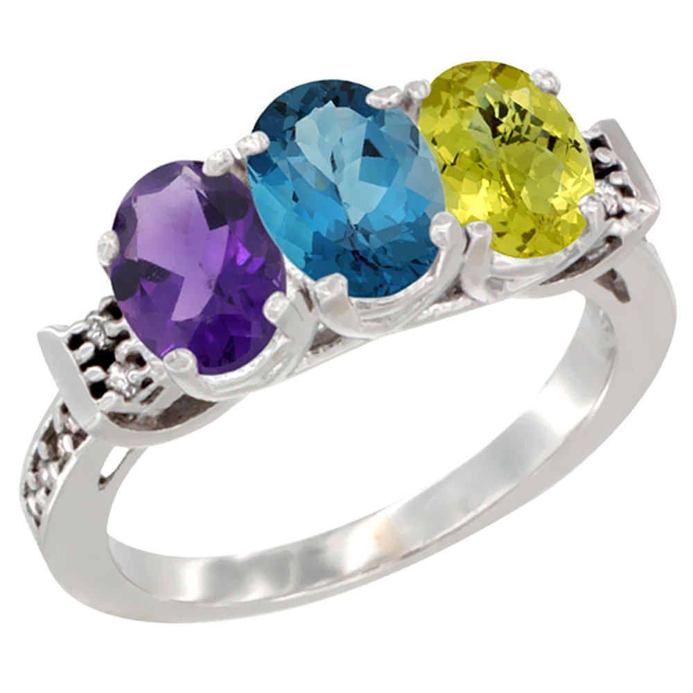 14K White Gold Natural Amethyst, London Blue Topaz & Lemon Quartz Ring 3-Stone 7x5 mm Oval Diamond Accent, sizes 5 - 10