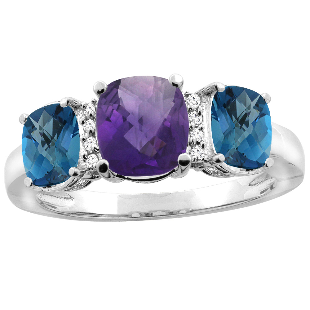 14K White Gold Natural Amethyst & London Blue Topaz 3-stone Ring Cushion 8x6mm Diamond Accent, sizes 5 - 10