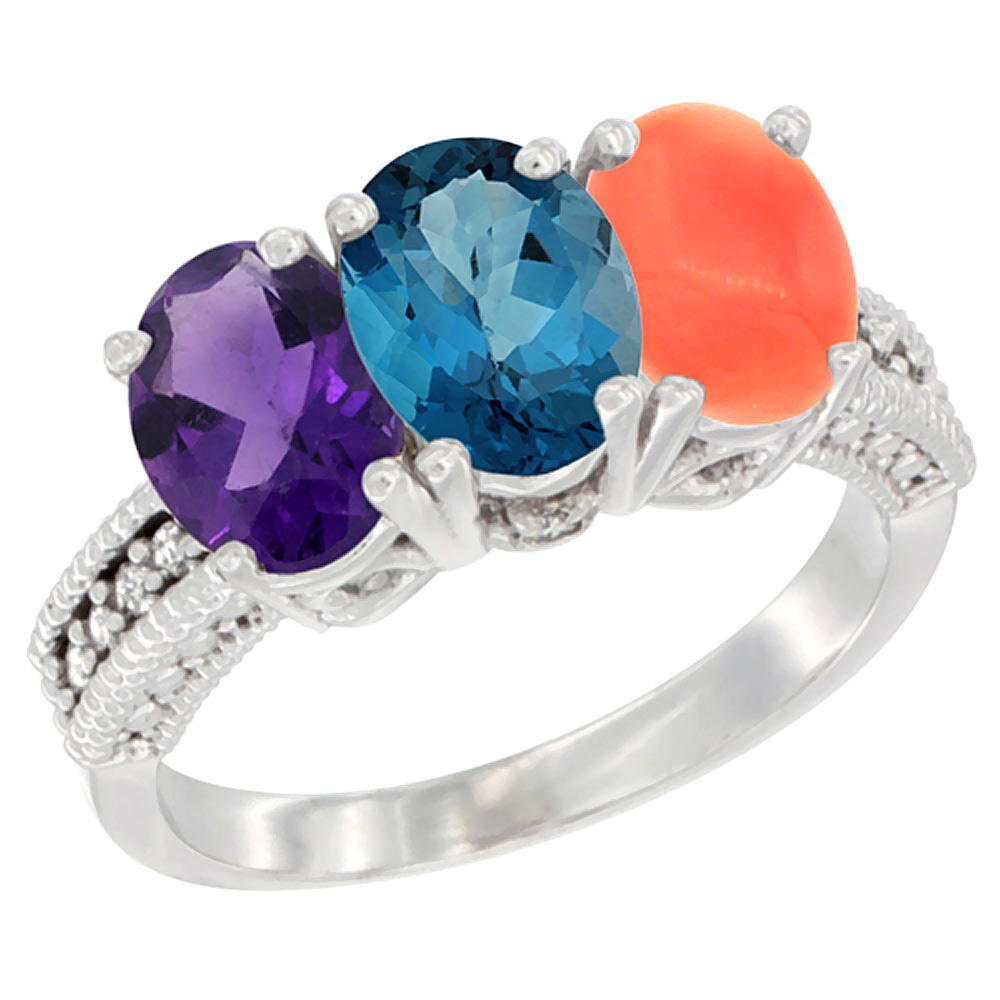 14K White Gold Natural Amethyst, London Blue Topaz & Coral Ring 3-Stone 7x5 mm Oval Diamond Accent, sizes 5 - 10