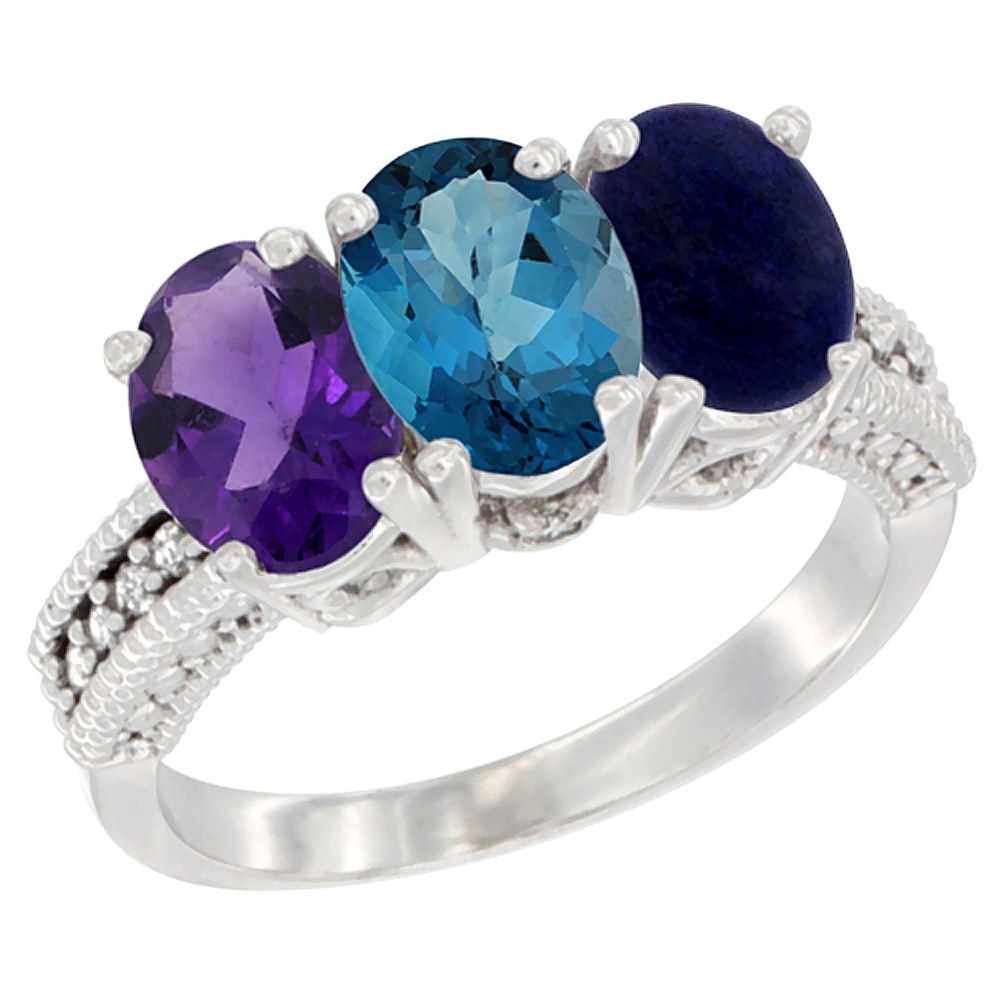 14K White Gold Natural Amethyst, London Blue Topaz &amp; Lapis Ring 3-Stone 7x5 mm Oval Diamond Accent, sizes 5 - 10