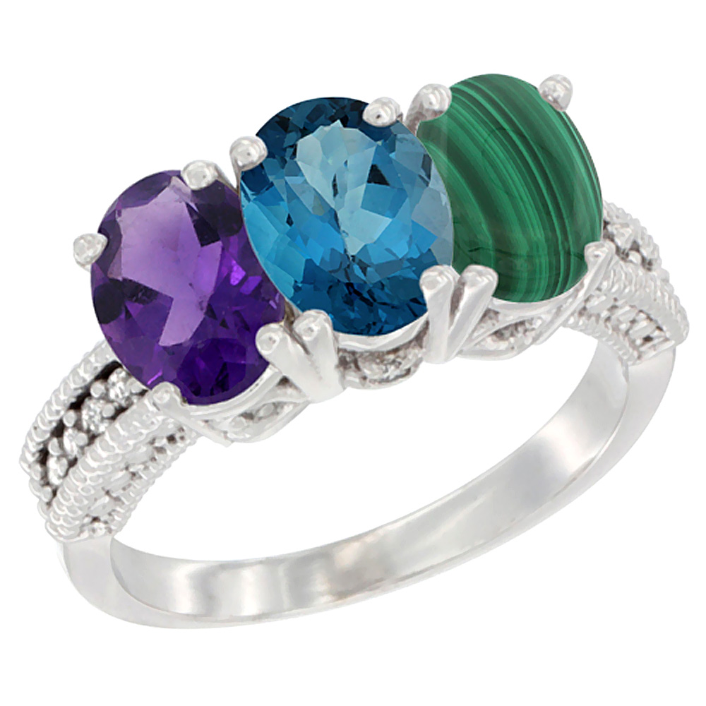 14K White Gold Natural Amethyst, London Blue Topaz & Malachite Ring 3-Stone 7x5 mm Oval Diamond Accent, sizes 5 - 10