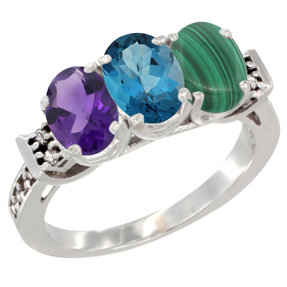 14K White Gold Natural Amethyst, London Blue Topaz &amp; Malachite Ring 3-Stone 7x5 mm Oval Diamond Accent, sizes 5 - 10