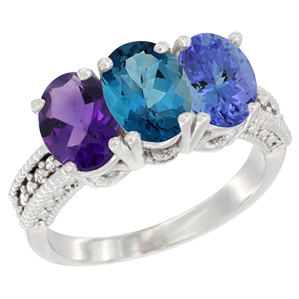 10K White Gold Natural Amethyst, London Blue Topaz & Tanzanite Ring 3-Stone Oval 7x5 mm Diamond Accent, sizes 5 - 10