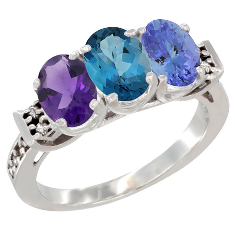 14K White Gold Natural Amethyst, London Blue Topaz & Tanzanite Ring 3-Stone 7x5 mm Oval Diamond Accent, sizes 5 - 10