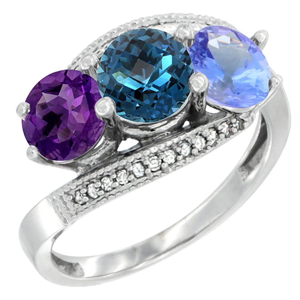 10K White Gold Natural Amethyst, London Blue Topaz &amp; Tanzanite 3 stone Ring Round 6mm Diamond Accent, sizes 5 - 10