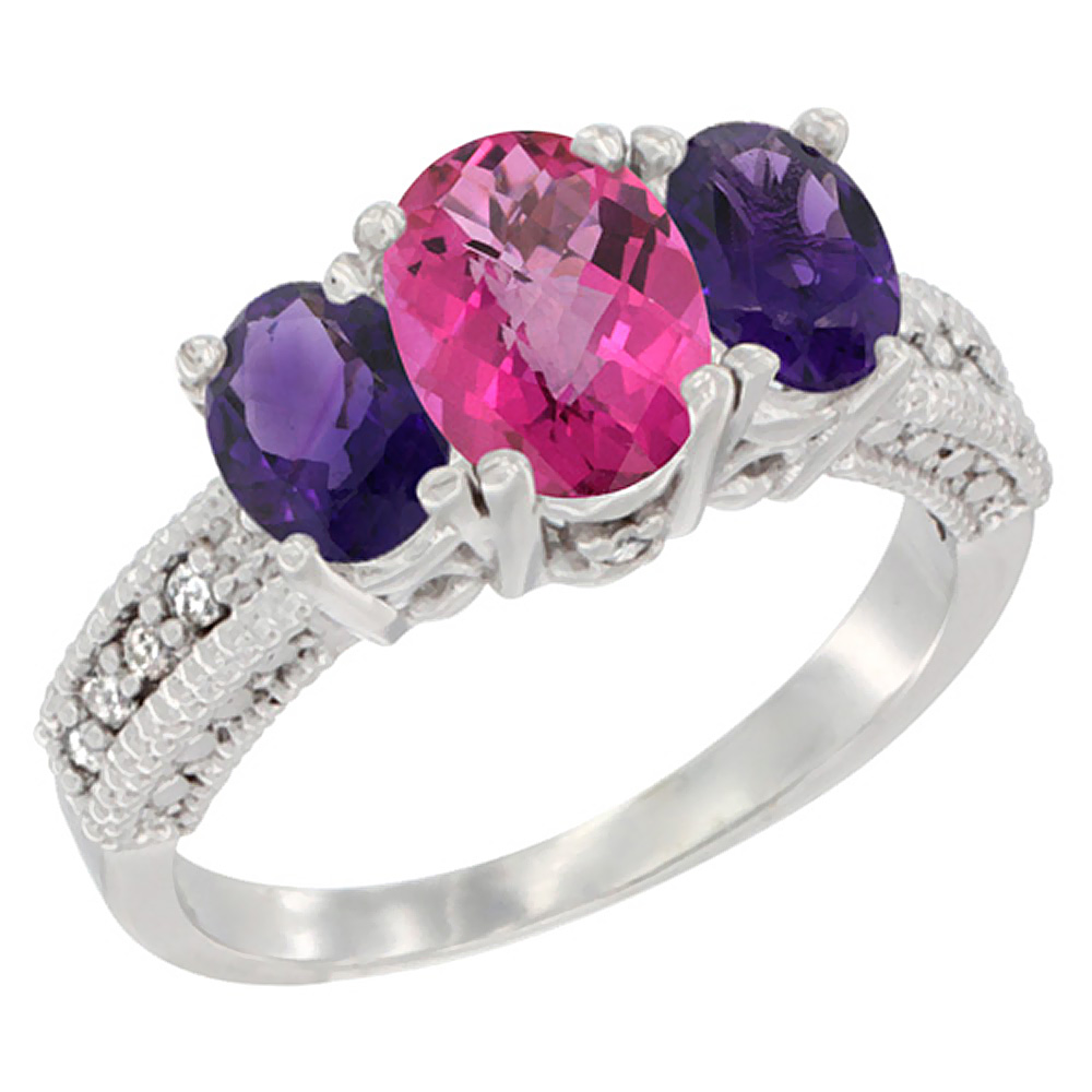 10K White Gold Diamond Natural Pink Topaz Ring Oval 3-stone with Amethyst, sizes 5 - 10