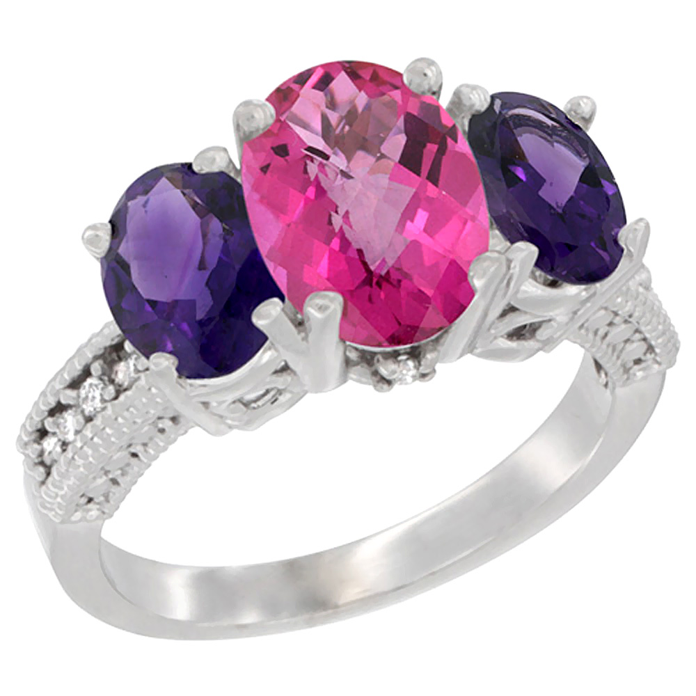 10K White Gold Diamond Natural Pink Topaz Ring 3-Stone Oval 8x6mm with Amethyst, sizes5-10