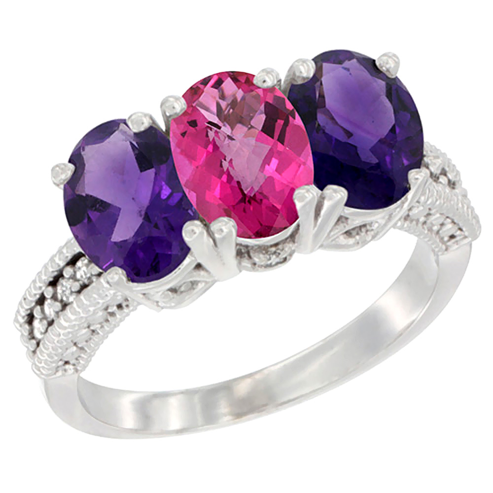 10K White Gold Natural Pink Topaz &amp; Amethyst Sides Ring 3-Stone Oval 7x5 mm Diamond Accent, sizes 5 - 10