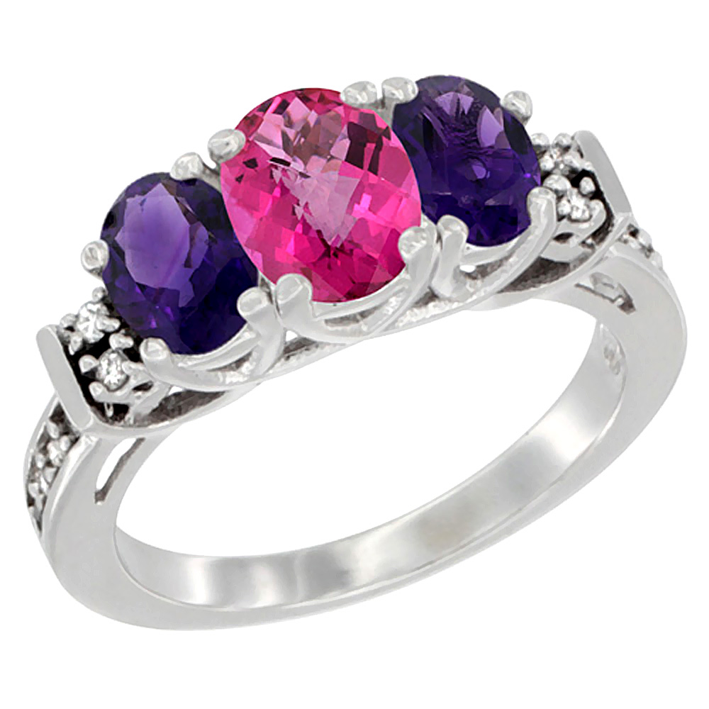 10K White Gold Natural Pink Topaz &amp; Amethyst Ring 3-Stone Oval Diamond Accent, sizes 5-10