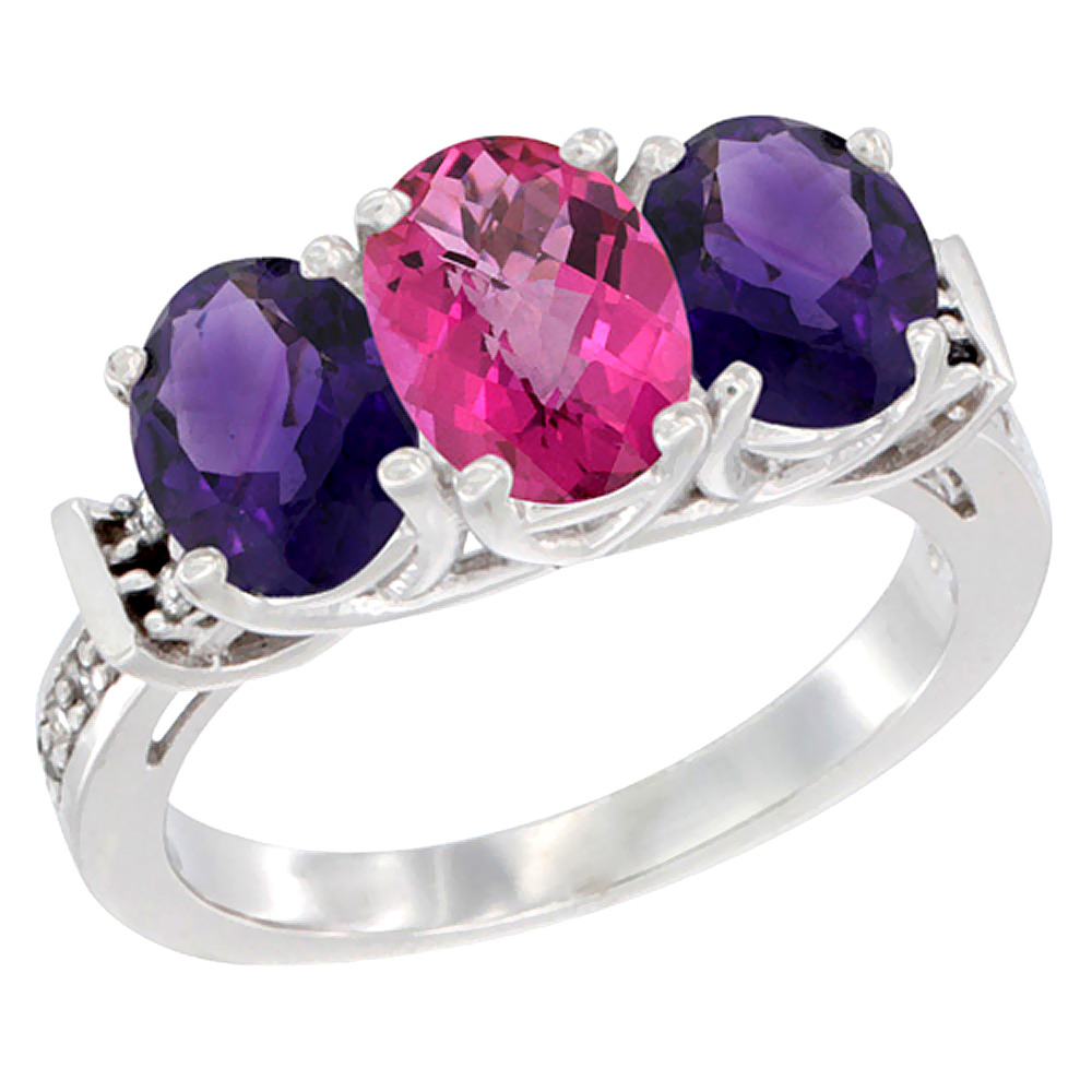 14K White Gold Natural Pink Topaz & Amethyst Sides Ring 3-Stone Oval Diamond Accent, sizes 5 - 10