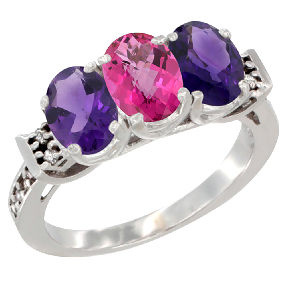 10K White Gold Natural Pink Topaz &amp; Amethyst Sides Ring 3-Stone Oval 7x5 mm Diamond Accent, sizes 5 - 10