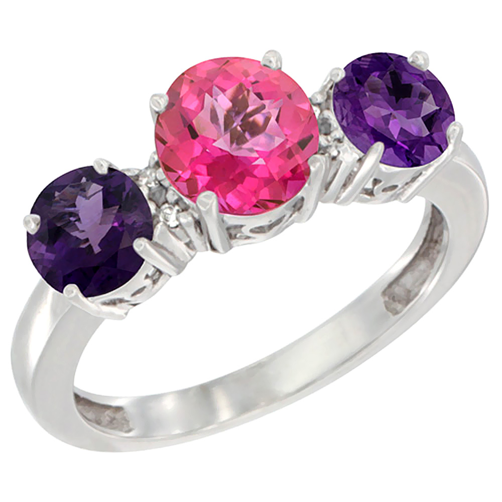 10K White Gold Round 3-Stone Natural Pink Topaz Ring &amp; Amethyst Sides Diamond Accent, sizes 5 - 10