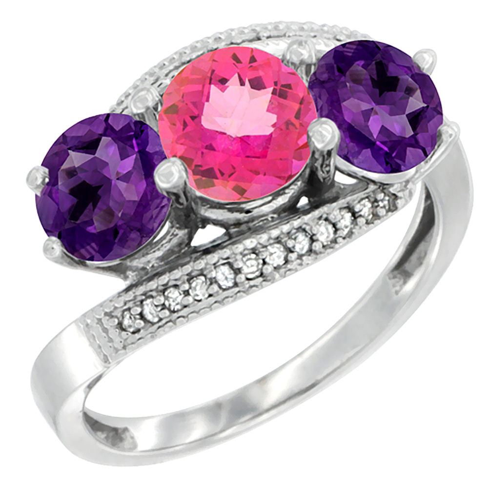 10K White Gold Natural Pink Topaz &amp; Amethyst Sides 3 stone Ring Round 6mm Diamond Accent, sizes 5 - 10