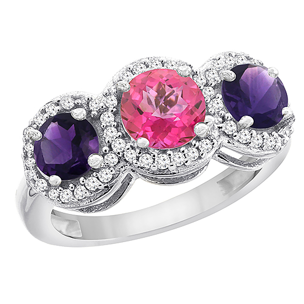 10K White Gold Natural Pink Topaz &amp; Amethyst Sides Round 3-stone Ring Diamond Accents, sizes 5 - 10