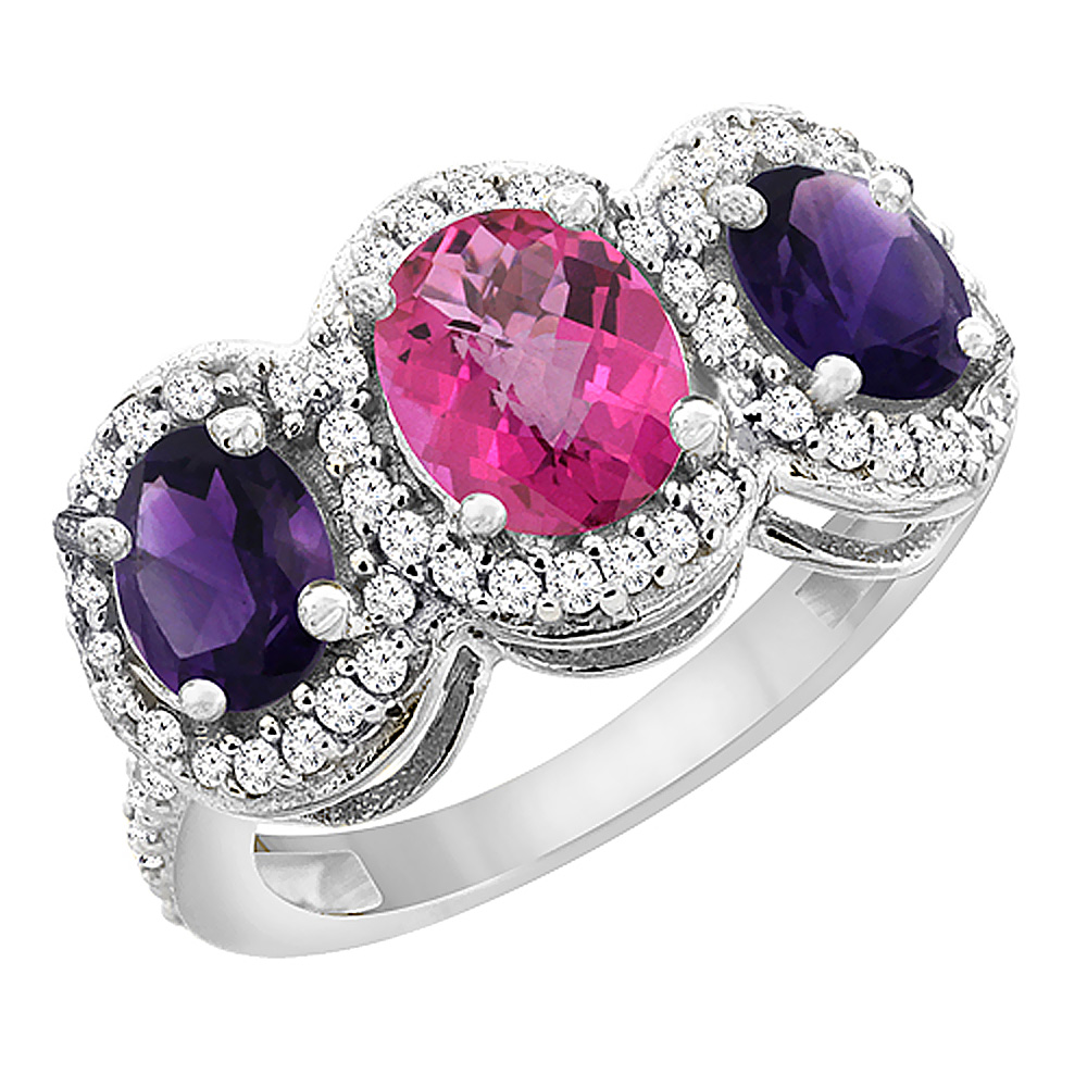 10K White Gold Natural Pink Topaz &amp; Amethyst 3-Stone Ring Oval Diamond Accent, sizes 5 - 10