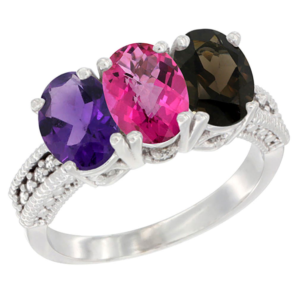 14K White Gold Natural Amethyst, Pink Topaz &amp; Smoky Topaz Ring 3-Stone 7x5 mm Oval Diamond Accent, sizes 5 - 10