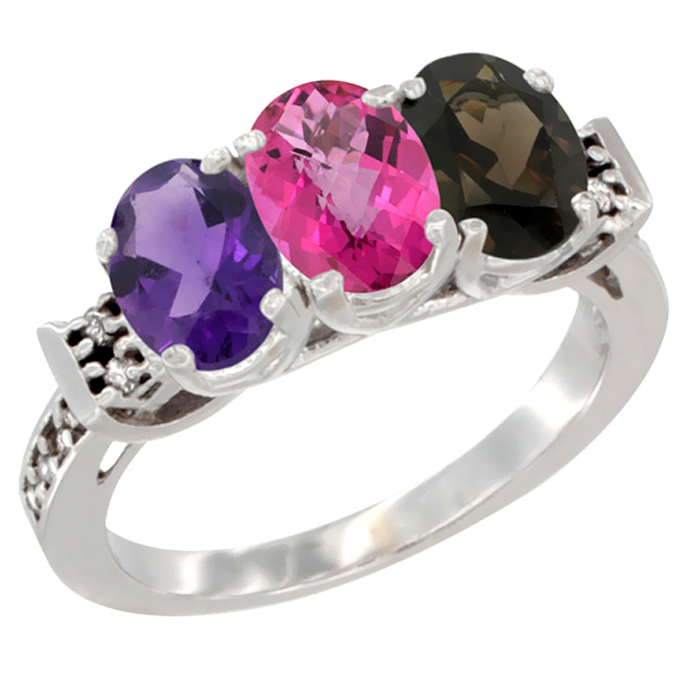 10K White Gold Natural Amethyst, Pink Topaz &amp; Smoky Topaz Ring 3-Stone Oval 7x5 mm Diamond Accent, sizes 5 - 10