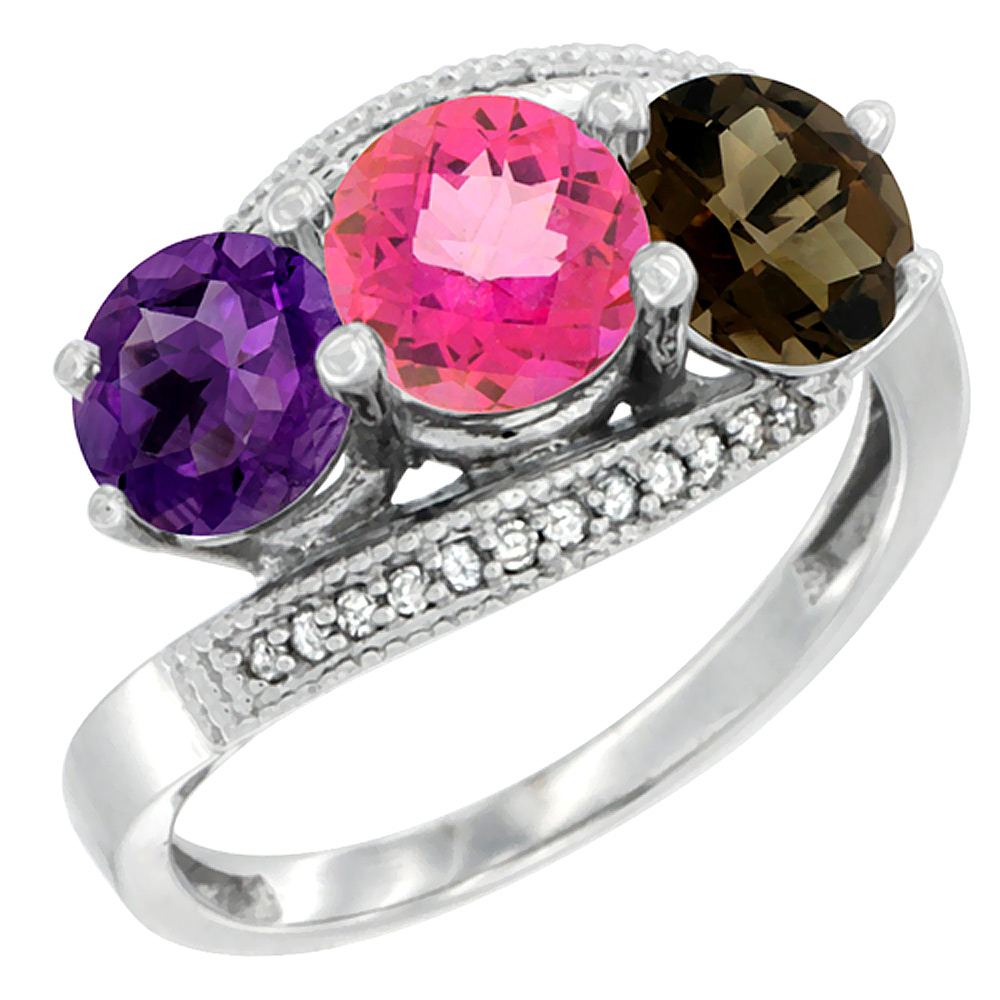 14K White Gold Natural Amethyst, Pink &amp; Smoky Topaz 3 stone Ring Round 6mm Diamond Accent, sizes 5 - 10