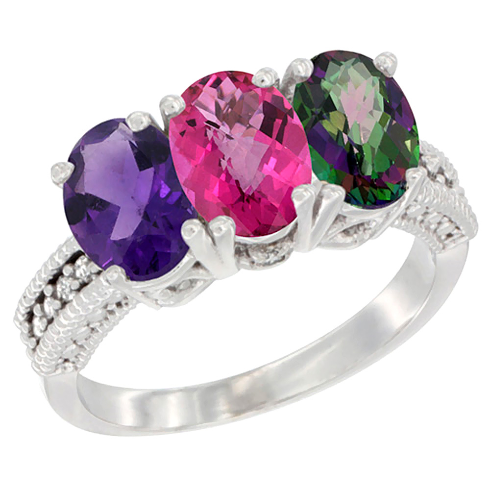 14K White Gold Natural Amethyst, Pink Topaz &amp; Mystic Topaz Ring 3-Stone 7x5 mm Oval Diamond Accent, sizes 5 - 10