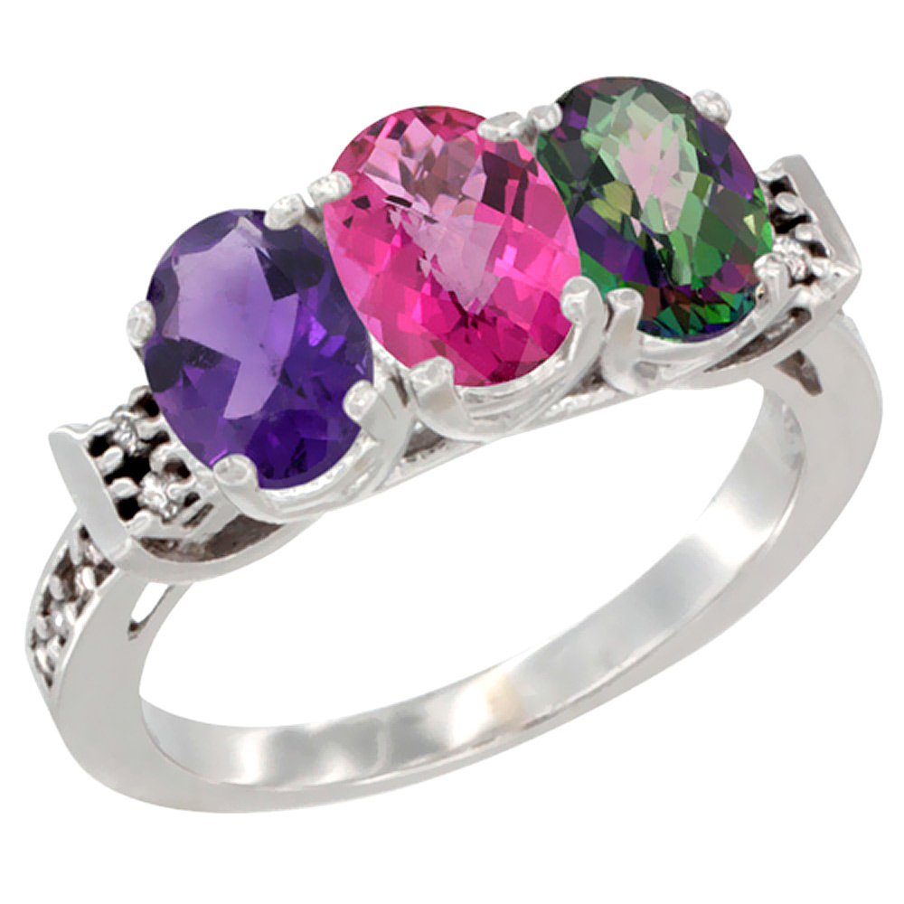 14K White Gold Natural Amethyst, Pink Topaz & Mystic Topaz Ring 3-Stone 7x5 mm Oval Diamond Accent, sizes 5 - 10