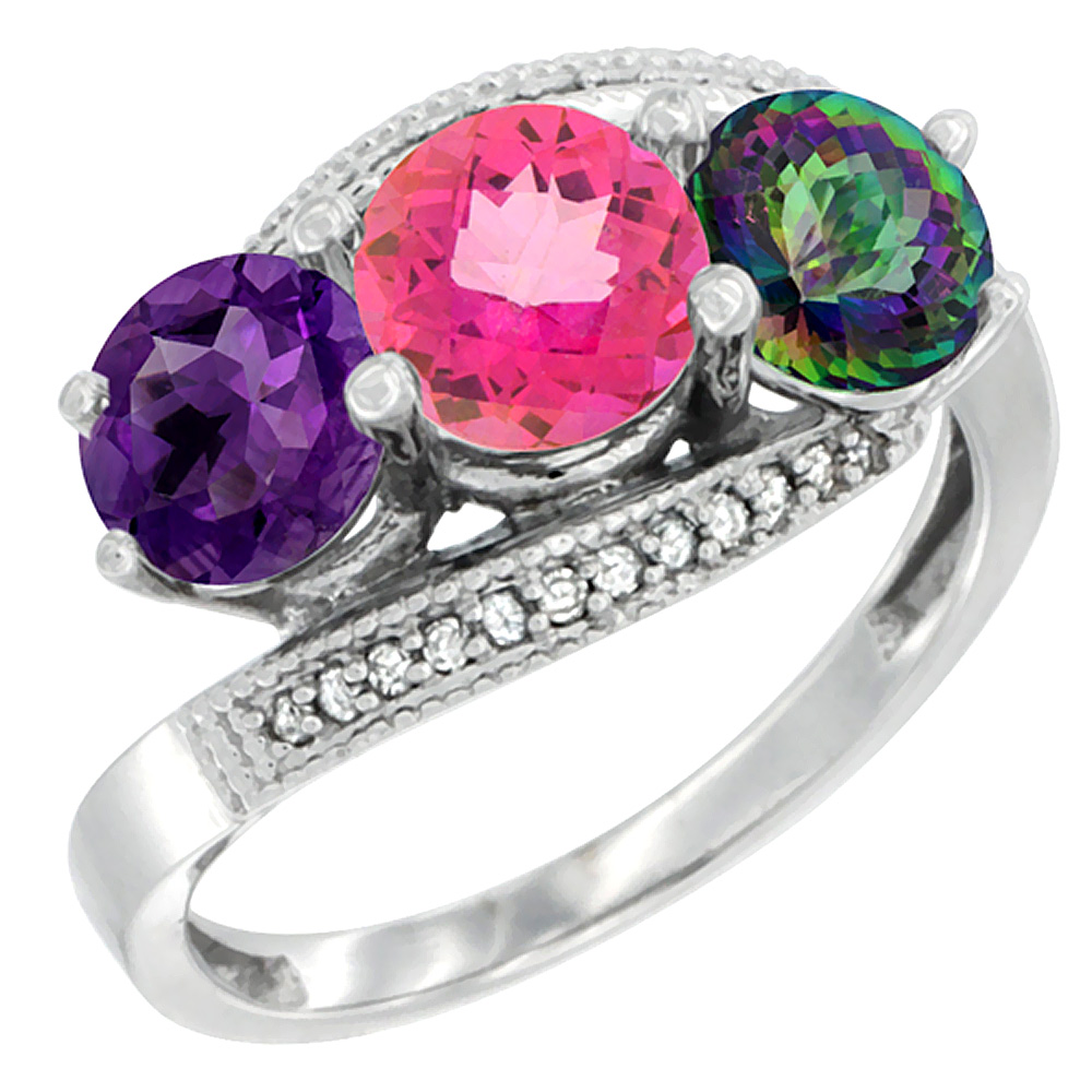 14K White Gold Natural Amethyst, Pink &amp; Mystic Topaz 3 stone Ring Round 6mm Diamond Accent, sizes 5 - 10