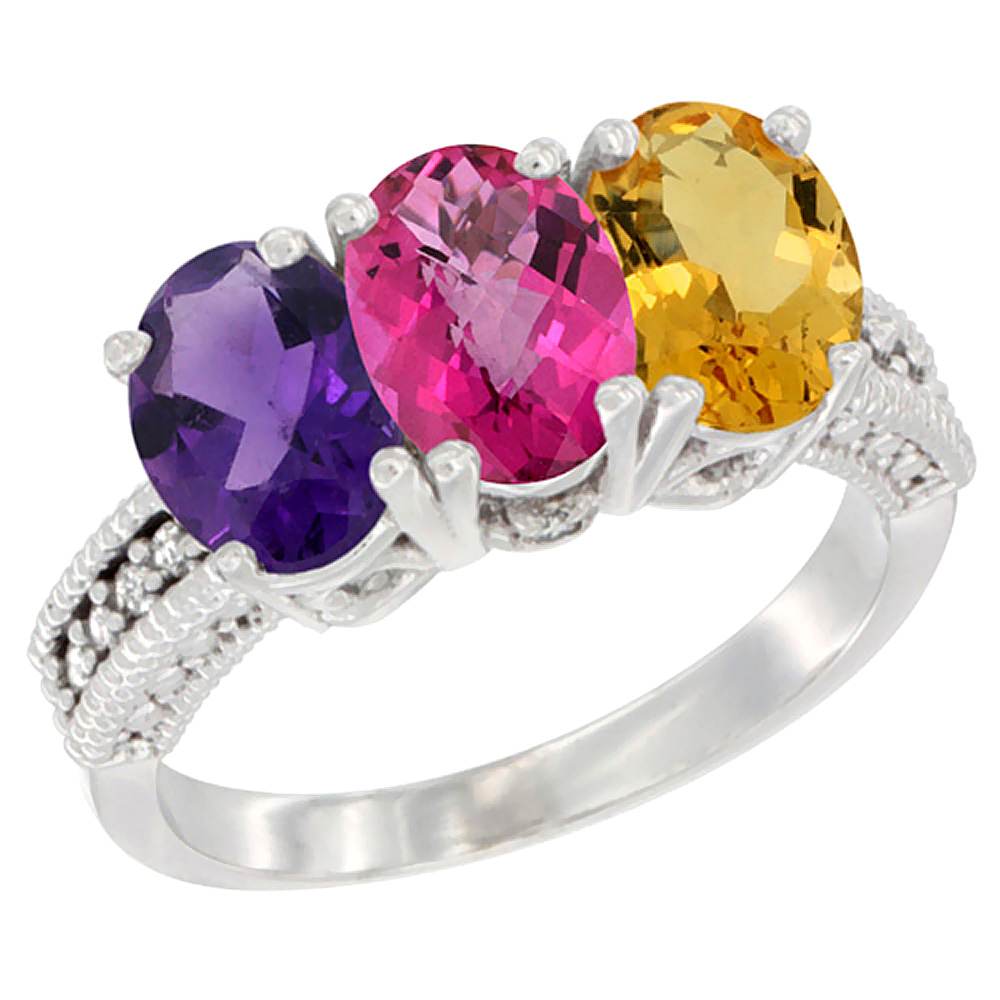 14K White Gold Natural Amethyst, Pink Topaz & Citrine Ring 3-Stone 7x5 mm Oval Diamond Accent, sizes 5 - 10