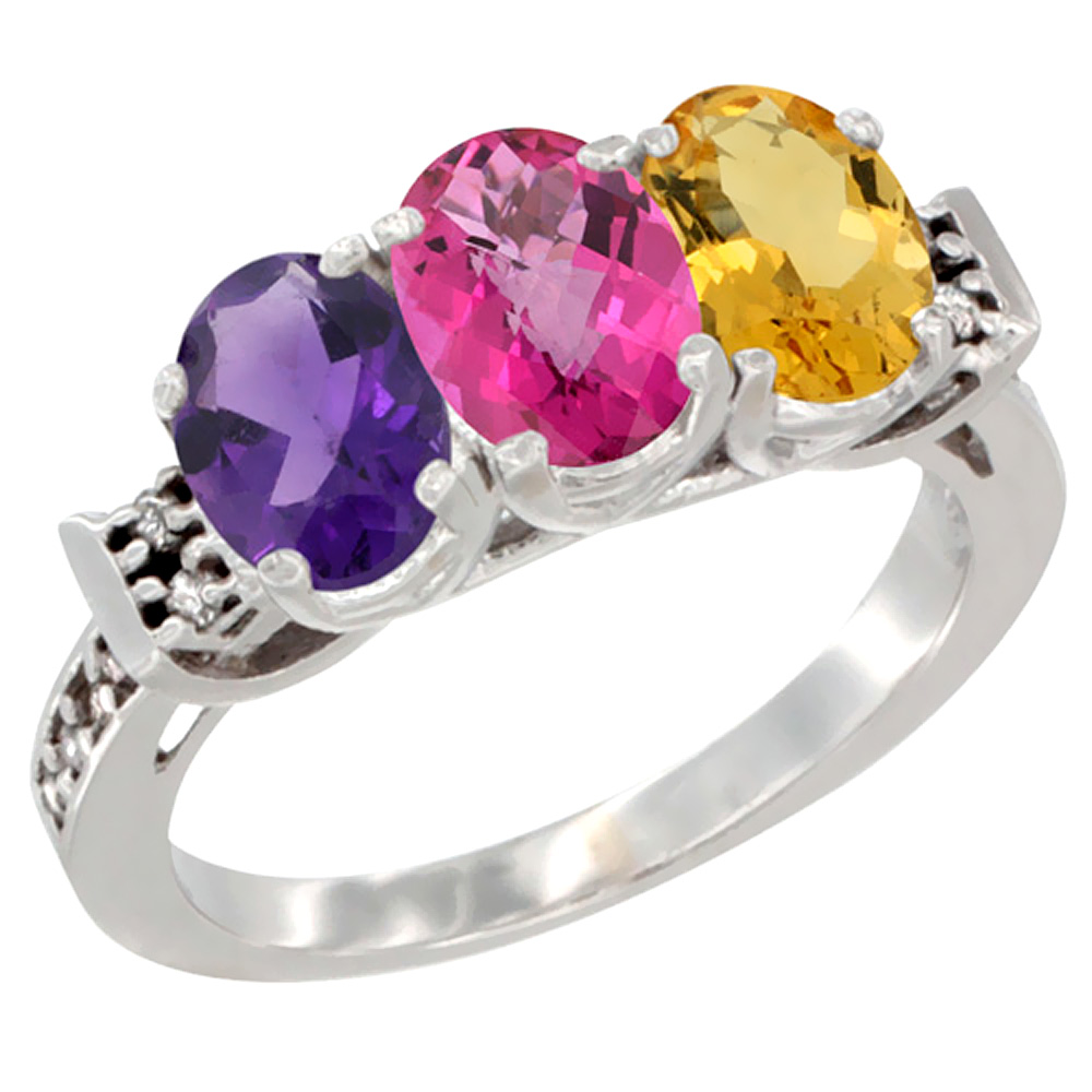 14K White Gold Natural Amethyst, Pink Topaz &amp; Citrine Ring 3-Stone 7x5 mm Oval Diamond Accent, sizes 5 - 10