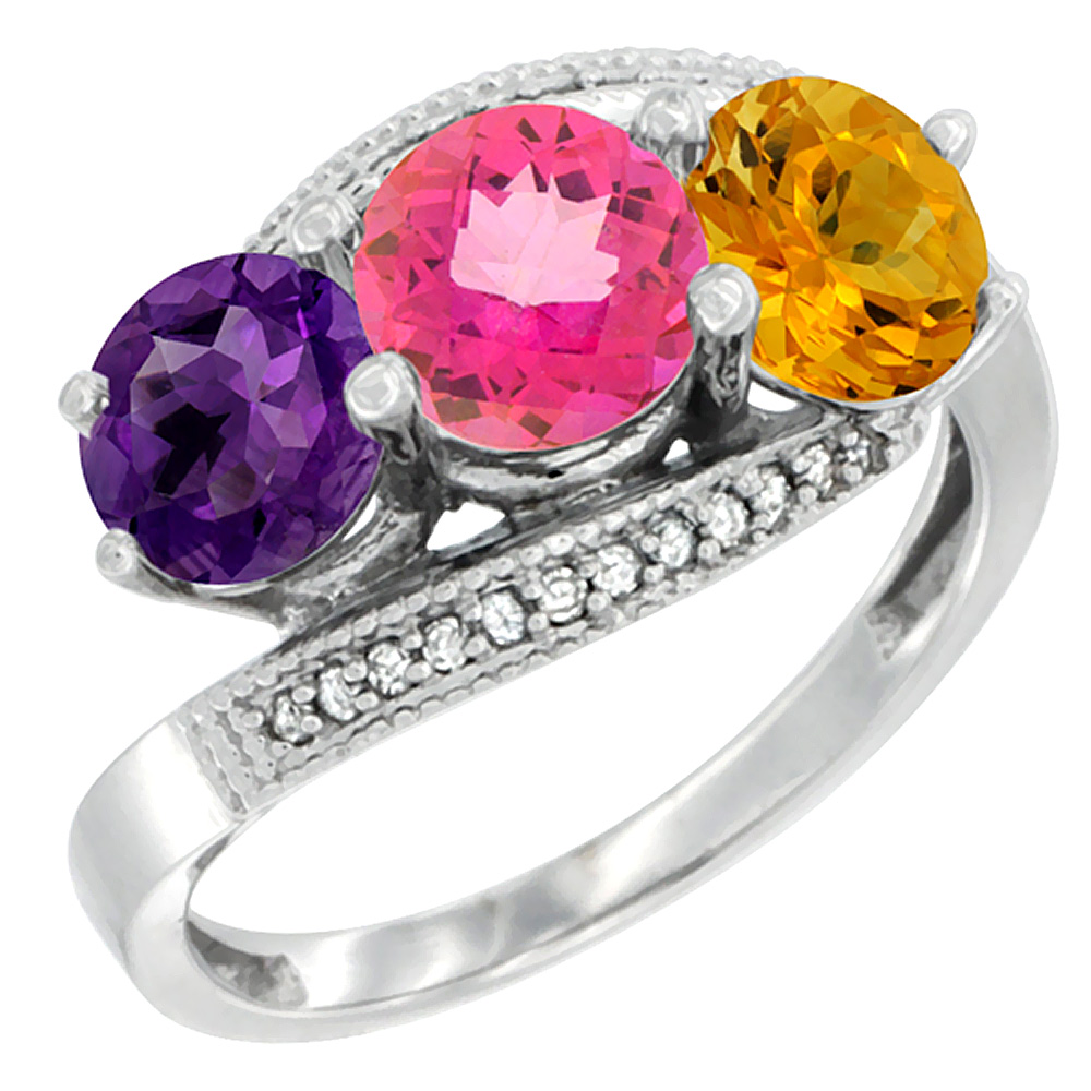 10K White Gold Natural Amethyst, Pink Topaz & Citrine 3 stone Ring Round 6mm Diamond Accent, sizes 5 - 10