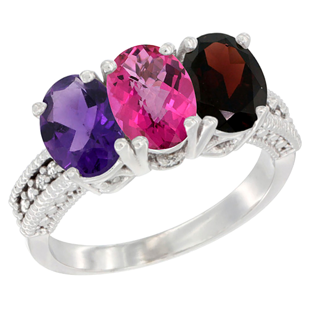 10K White Gold Natural Amethyst, Pink Topaz & Garnet Ring 3-Stone Oval 7x5 mm Diamond Accent, sizes 5 - 10