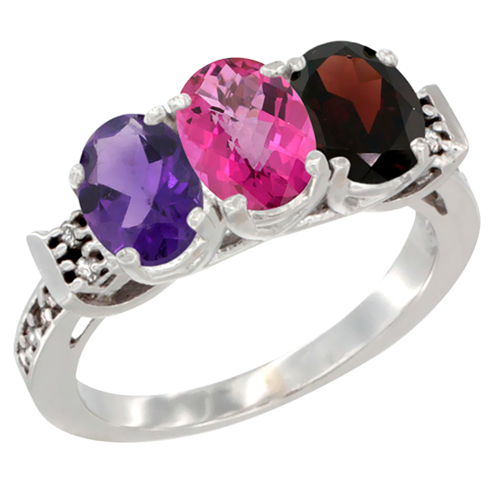 10K White Gold Natural Amethyst, Pink Topaz & Garnet Ring 3-Stone Oval 7x5 mm Diamond Accent, sizes 5 - 10