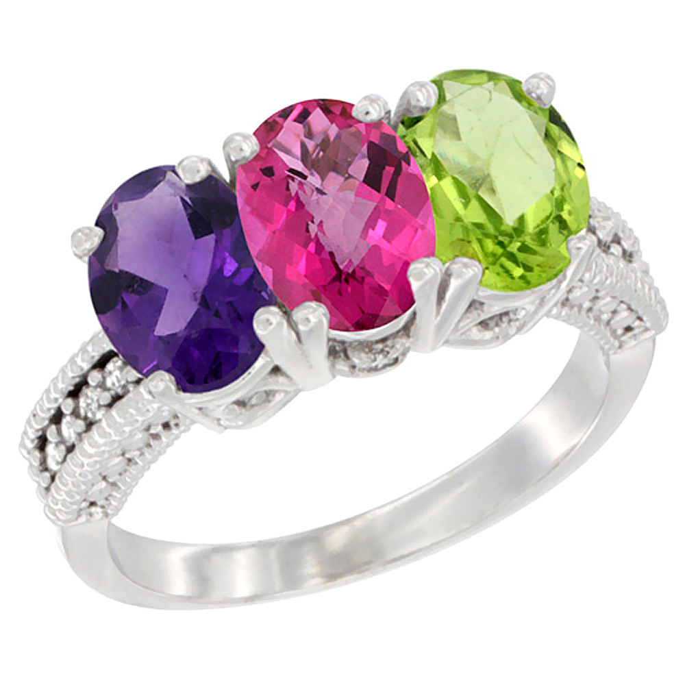 14K White Gold Natural Amethyst, Pink Topaz & Peridot Ring 3-Stone 7x5 mm Oval Diamond Accent, sizes 5 - 10