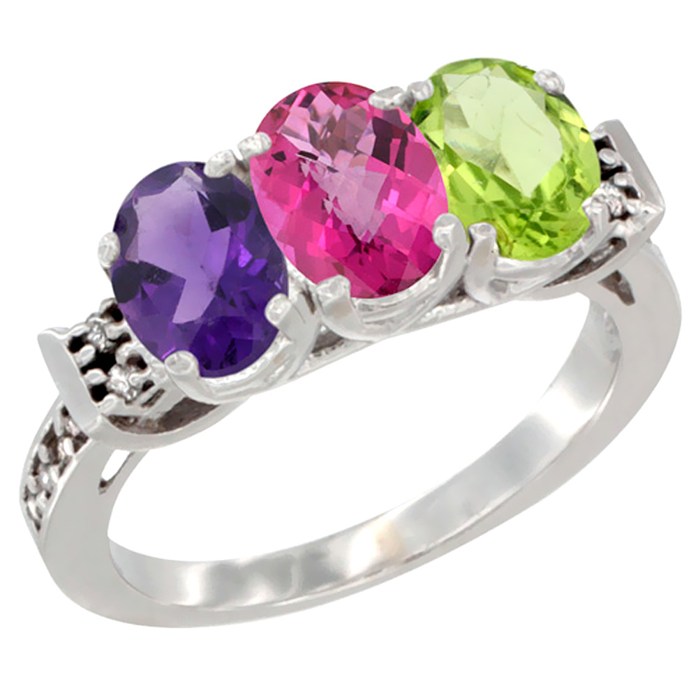 10K White Gold Natural Amethyst, Pink Topaz & Peridot Ring 3-Stone Oval 7x5 mm Diamond Accent, sizes 5 - 10