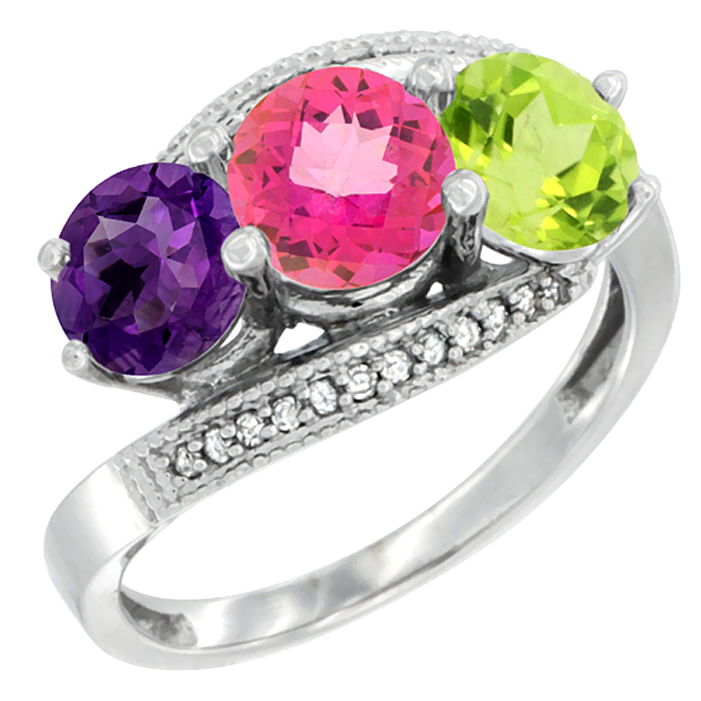 14K White Gold Natural Amethyst, Pink Topaz & Peridot 3 stone Ring Round 6mm Diamond Accent, sizes 5 - 10