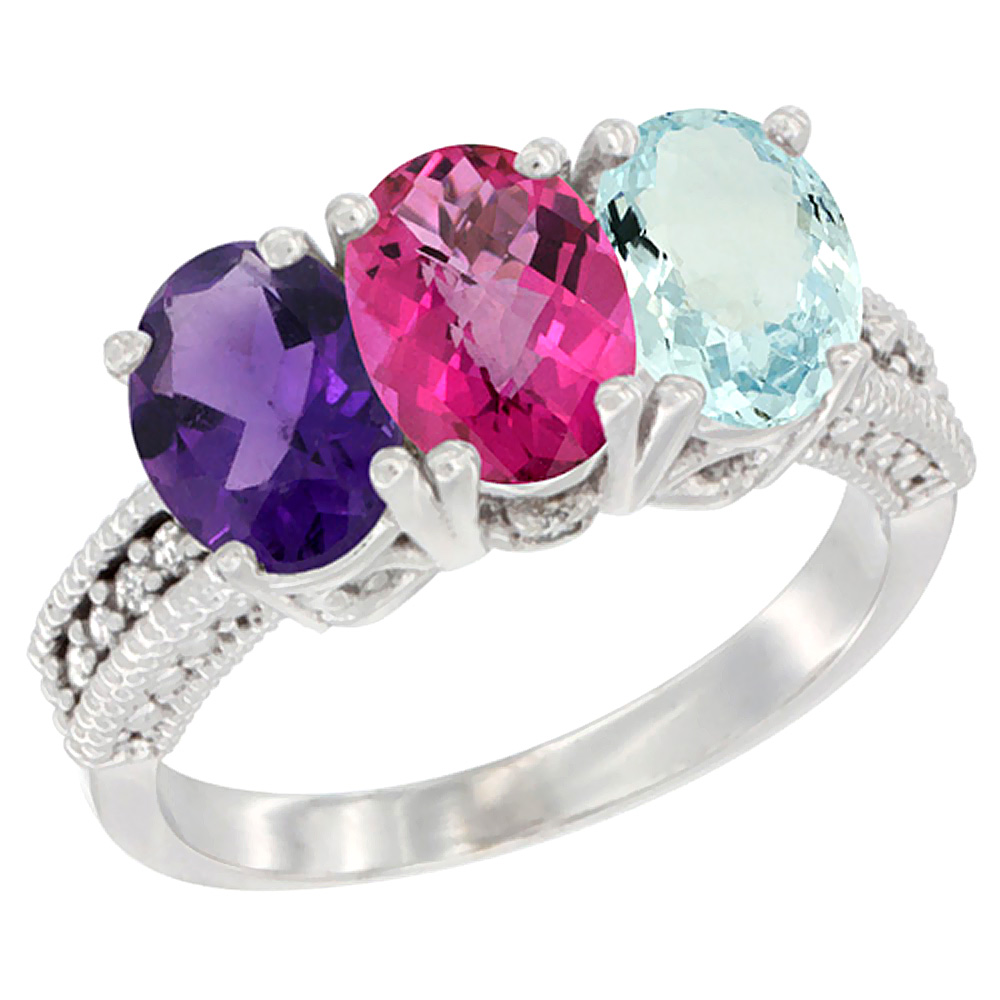 14K White Gold Natural Amethyst, Pink Topaz & Aquamarine Ring 3-Stone 7x5 mm Oval Diamond Accent, sizes 5 - 10