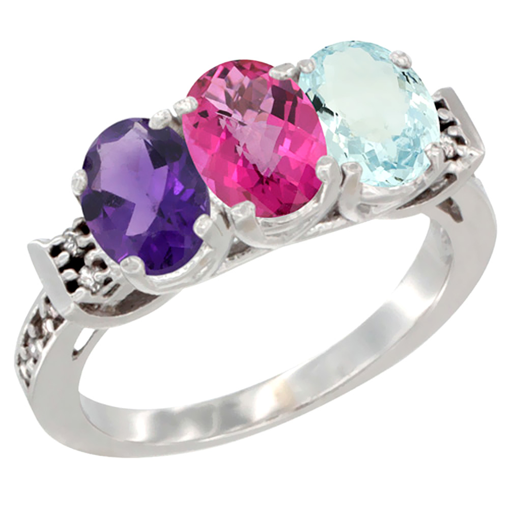 14K White Gold Natural Amethyst, Pink Topaz & Aquamarine Ring 3-Stone 7x5 mm Oval Diamond Accent, sizes 5 - 10