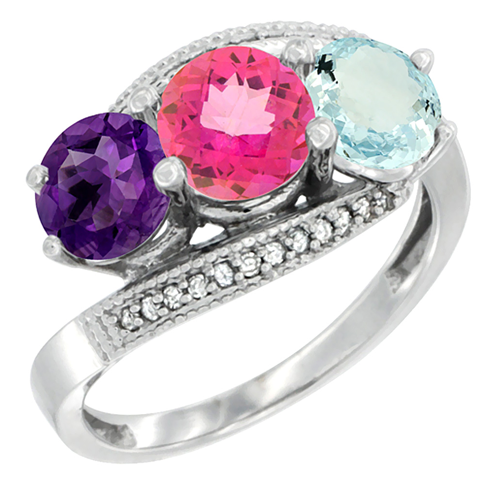 10K White Gold Natural Amethyst, Pink Topaz & Aquamarine 3 stone Ring Round 6mm Diamond Accent, sizes 5 - 10